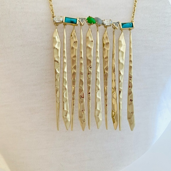 Alexis Bittar Gold Hammer Metal Fringe Gemstone Bar Turquoise Green Necklace - Picture 7 of 12